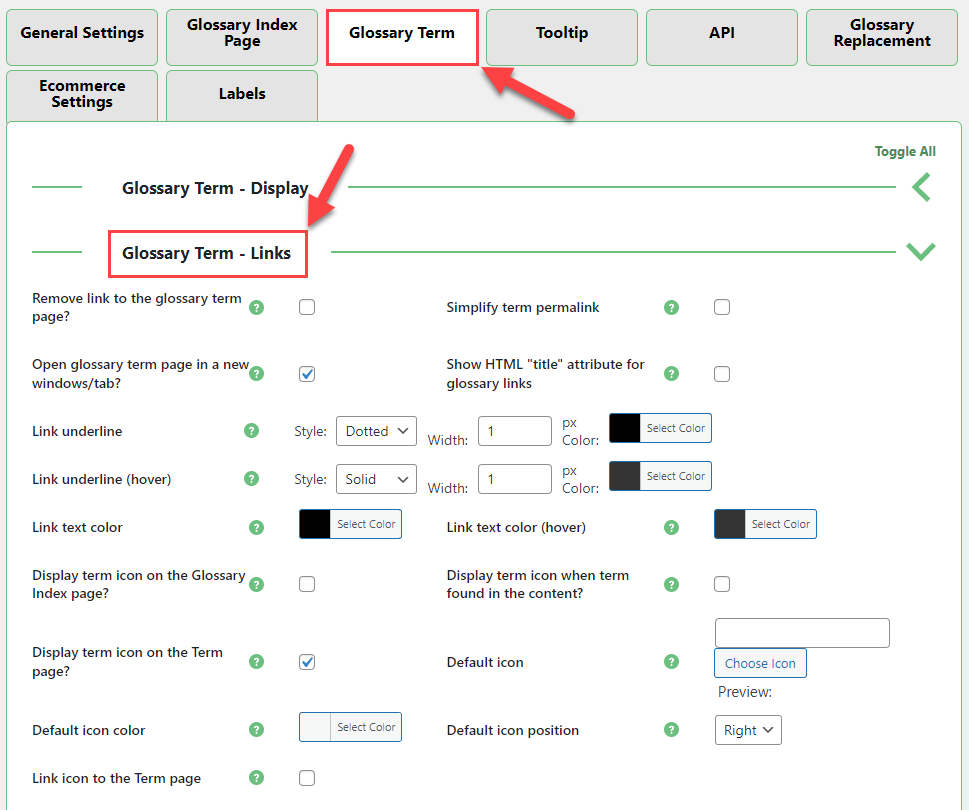 Glossary term links settings - WordPress Knowledge Base Plugin