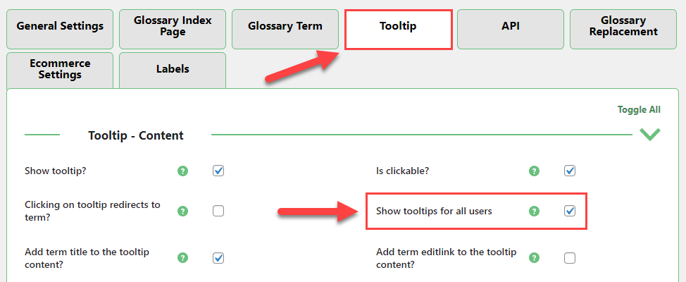 Defining if to show tooltip to all users - WordPress Glossary Plugin