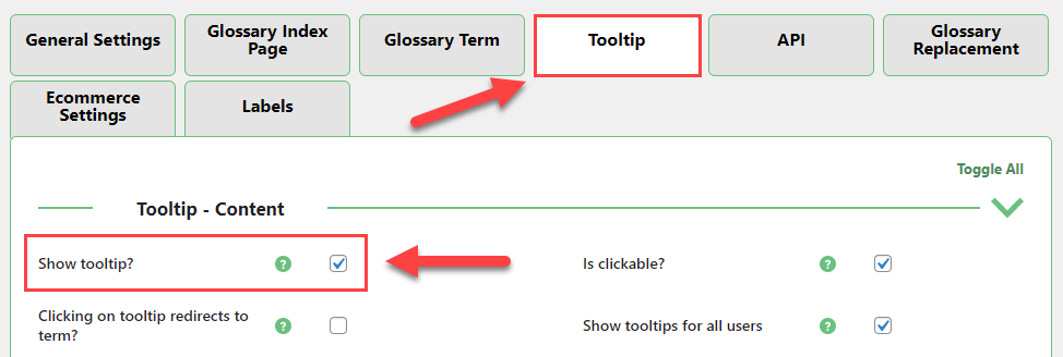 Enabling or disabling tooltips globally - Glossary Plugin WordPress