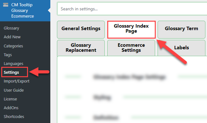 Glossary index page settings - Wiki WordPress Plugin