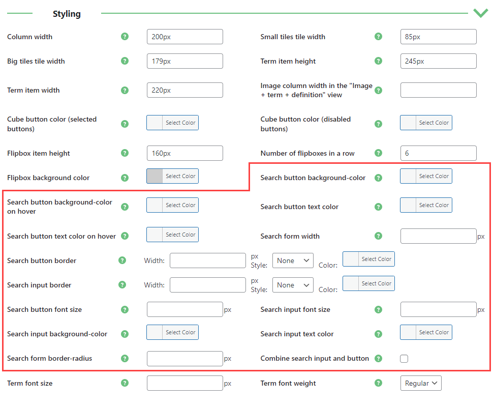 Search bar styling settings - WordPress as a Wiki