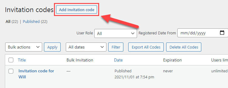 Adding new invitation code - WordPress Custom Login Form