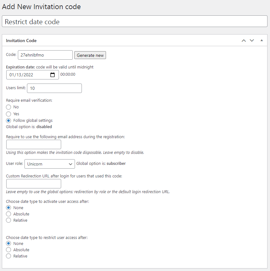 Form for creating new invitation code - WordPress Custom Login