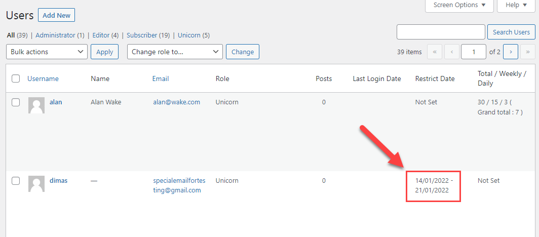 Quick view of user date restrictions - Restrict User Account Access plugin