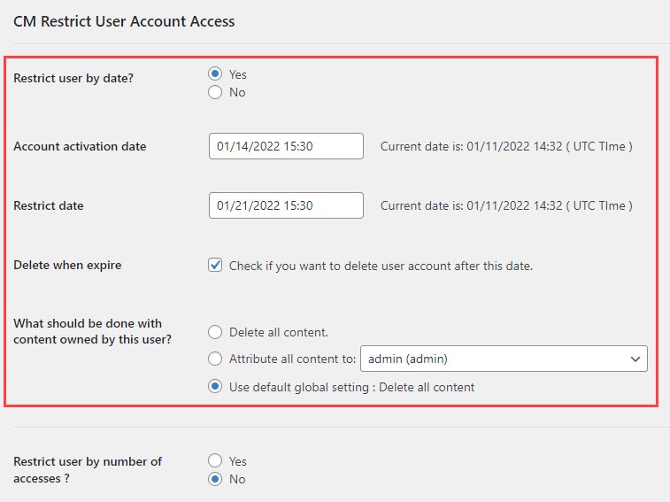 Date restrictions - Restrict User Account Access plugin