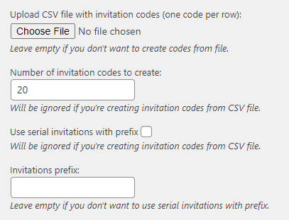 Options for creating invitation codes in bulk - WordPress Social Sign In Plugin