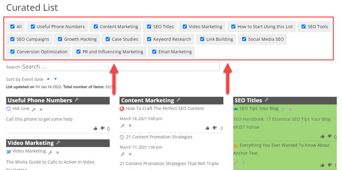 Displaying the categories filter using the shortcode - WordPress Plugin Content Curation