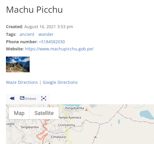 Example of the info visible on the location page - WordPress Interactive Map Plugin