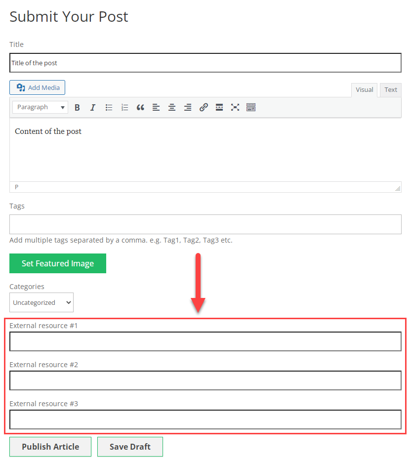 Custom fields in the submission form - WordPress Plugin to Allow Users to Post On Front End