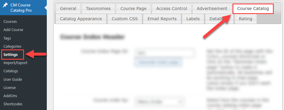 Course catalog settings tab - WordPress Plugin for Creating Online Courses