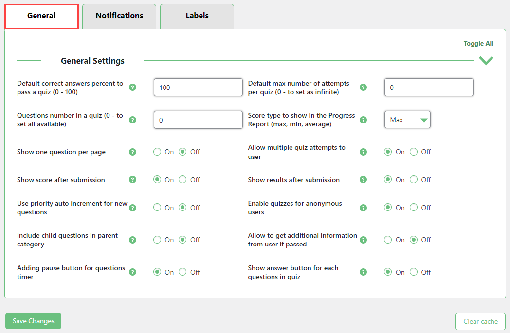 General plugin settings - Create Quiz WordPress