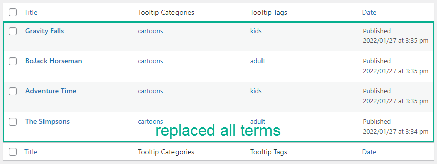 Result of the 'Replace' import mode - Tooltip Plugin WordPress