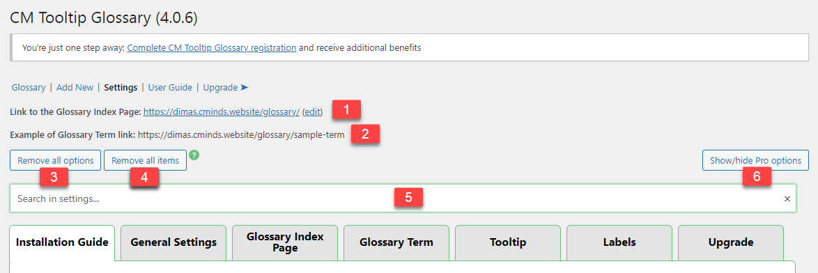 Settings page - WordPress Glossary Plugin