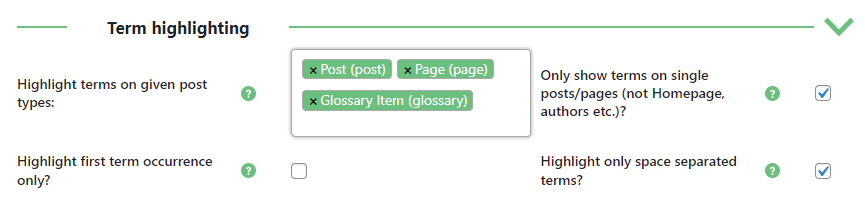 Term highlighting settings - Glossary Plugin WordPress