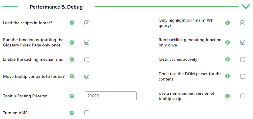 Performance & Debug settings - Tooltip Plugin WordPress