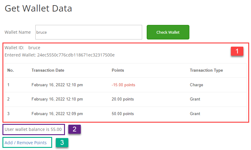 Details about what wallet data can be displayed on the front-end - WordPress Point System