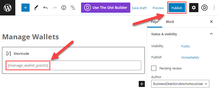 Placing the shortcode for managing the wallet on the front-end - WordPress User Wallet Credit System