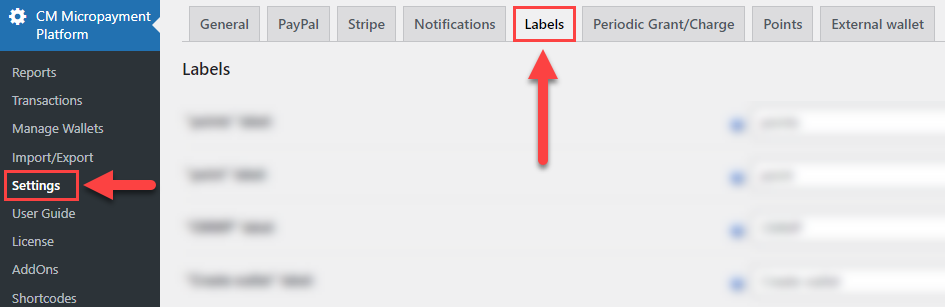 Labels tab - WordPress MicroPayments