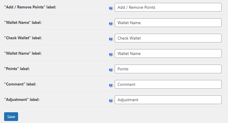 Labels settings - WordPress Point System