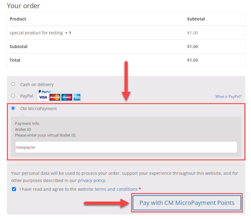 Choosing MicroPayments payment gateway for WooCommerce in the checkout page - WordPress Point System