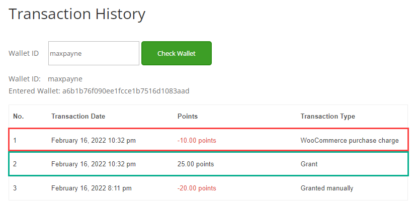 Example of MicroPayments transactions after the purchase in WooCommerce - Points and Rewards Plugin