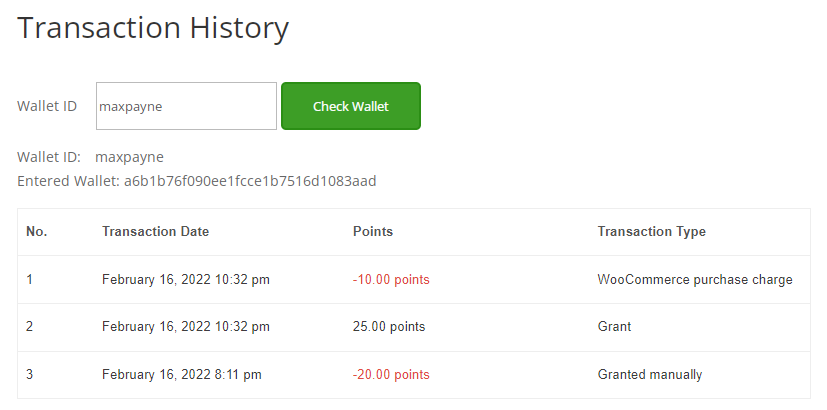 Transaction history of a wallet for non-registered user - WordPress Point System