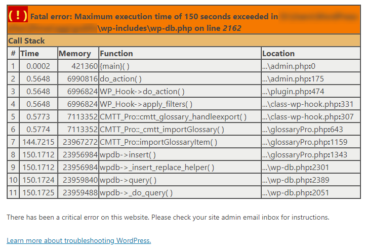 Example of the error while importing huge glossary - Knowledge Base WordPress Plugin