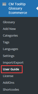 Navigation to the user guide page - Glossary Plugin WordPress