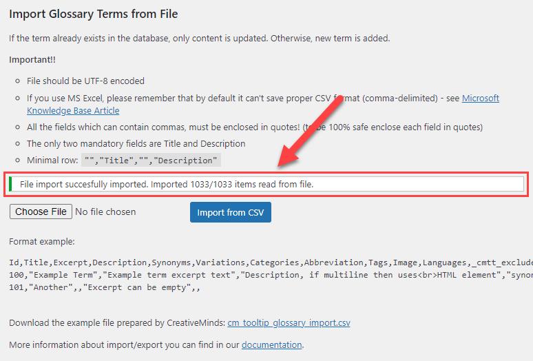 Sussess message about imported terms - Knowledge Base WordPress Plugin