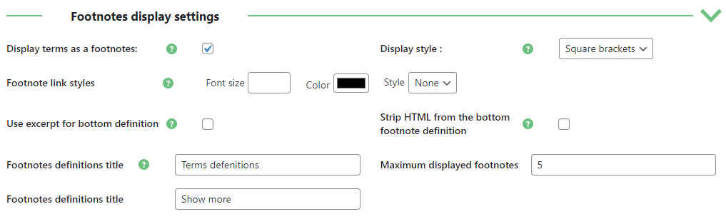 Footnotes display settings - WordPress Internal Linking Plugin