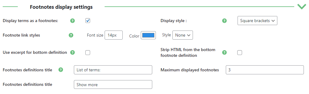 Footnotes display settings - Wiki WordPress Plugin