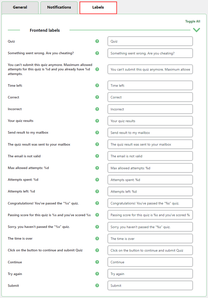 Labels settings - WordPress Plugin for Quiz