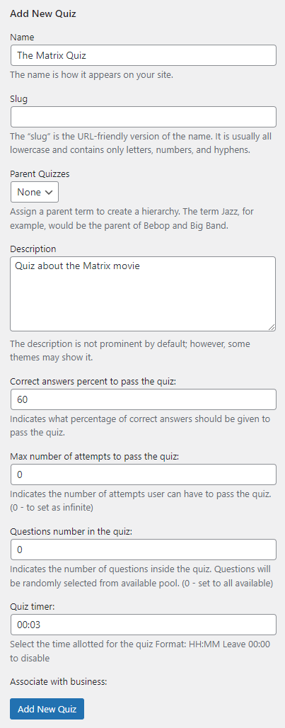 Form for adding new quizzes - Questionnaire Plugin WordPress