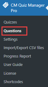 Navigation to the page for managing questions - Create Quiz WordPress