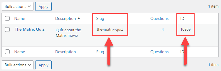 Quiz slug and ID - WordPress Exam Plugin With Timer