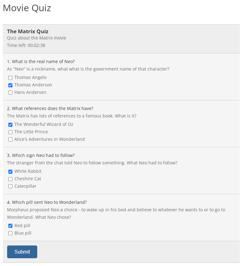 Front-end example of the quiz - Quiz Plugin WordPress