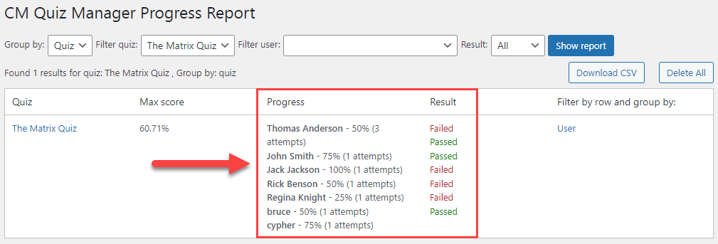 Example of the progress report - WordPress Plugin for Quiz