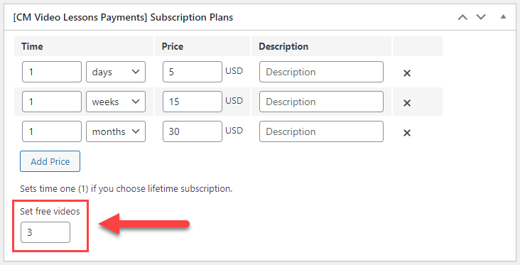 Setting up the amount of free videos in the lesson - WordPress Video Course Plugin