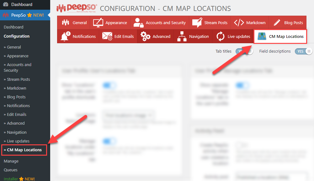 Plugin integration settings with PeepSo - Maps WordPress Plugin