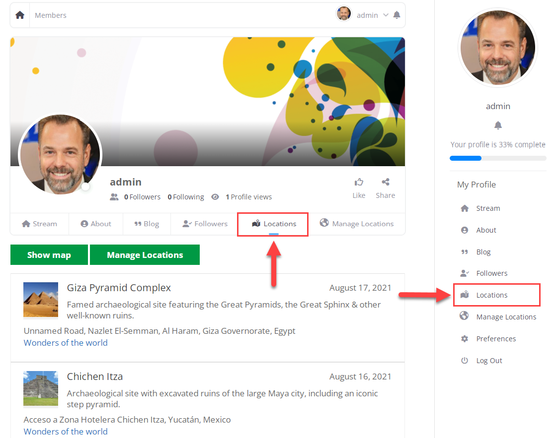 Locations page in PeepSo profile - WordPress Interactive Map Plugin