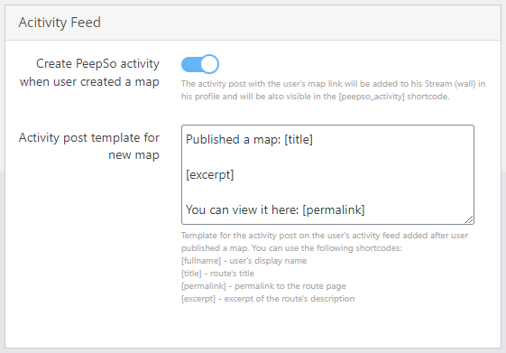 Activity feed settings - Travel Map Plugin