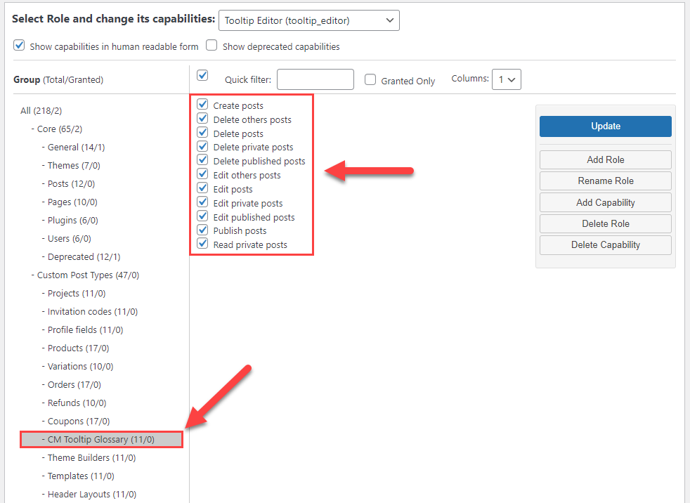 Editing user role capabilities - WordPress Glossary Plugin