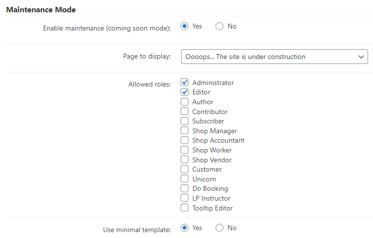 Maintenance mode settings