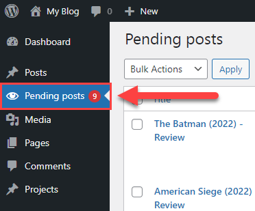 Pending posts menu item - WordPress Editorial Plugin