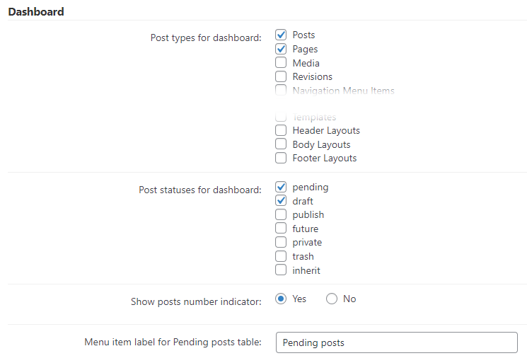 Dashboard settings - WordPress Editorial Plugin