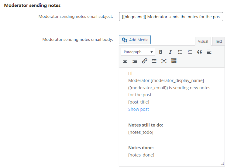 Moderator sending notes email template - WordPress Editorial Plugin