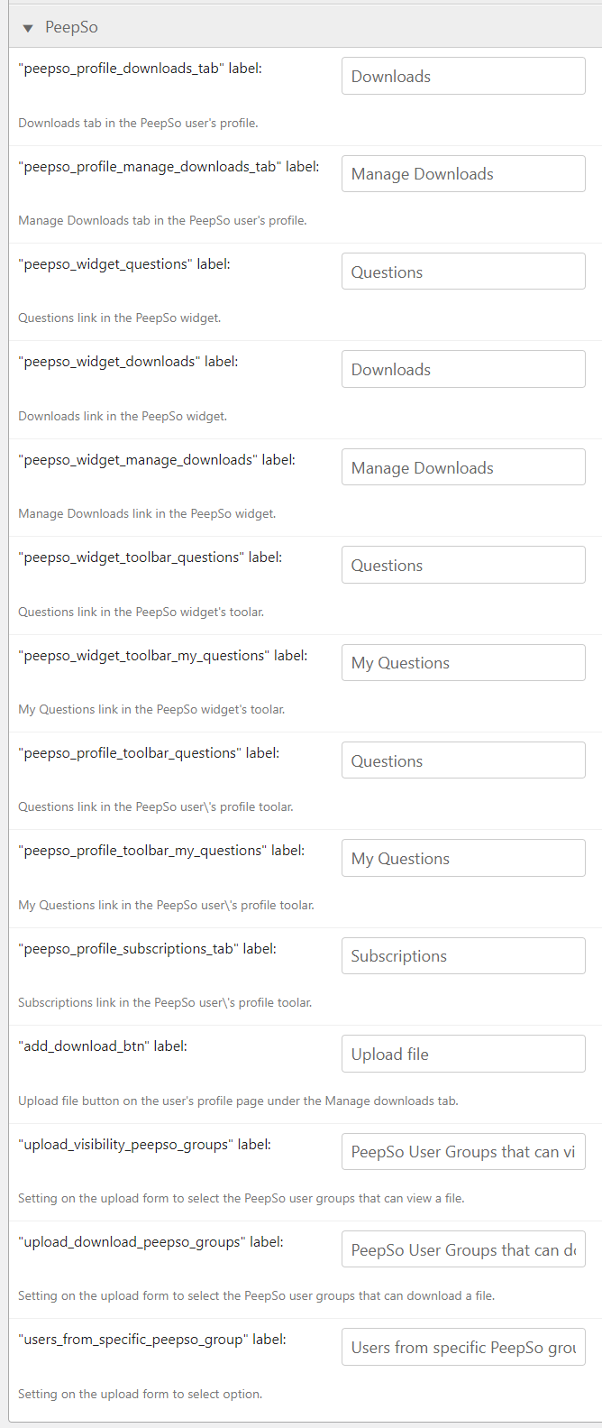 Changing labels related to downloads in PeepSo profile - File Manager Plugin for WordPress