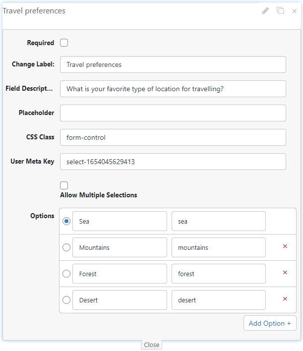 Select type field - WordPress Plugin Popup