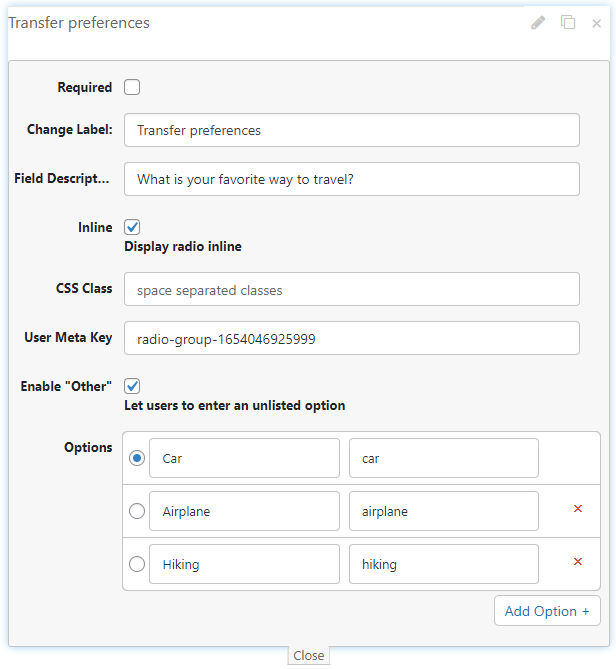 Radio Group type field - WordPress Popup Form