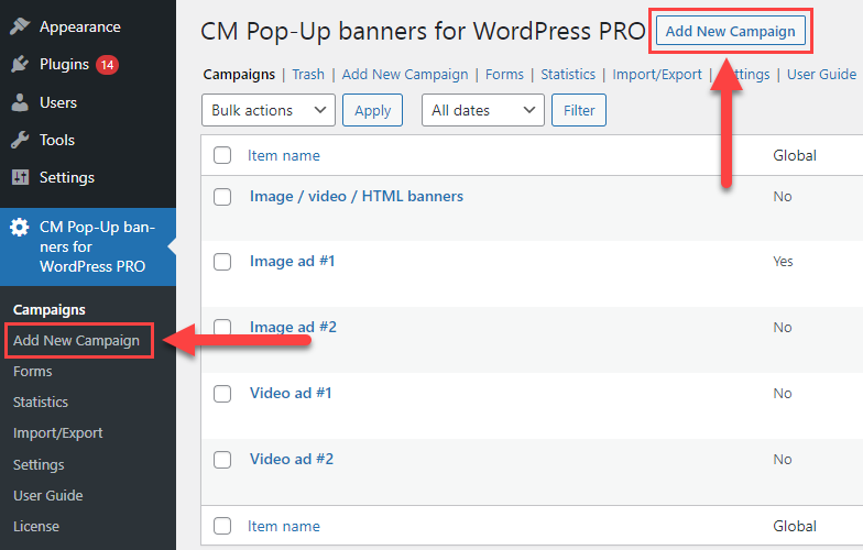 Adding new popup campaign - WordPress Plugin Popup